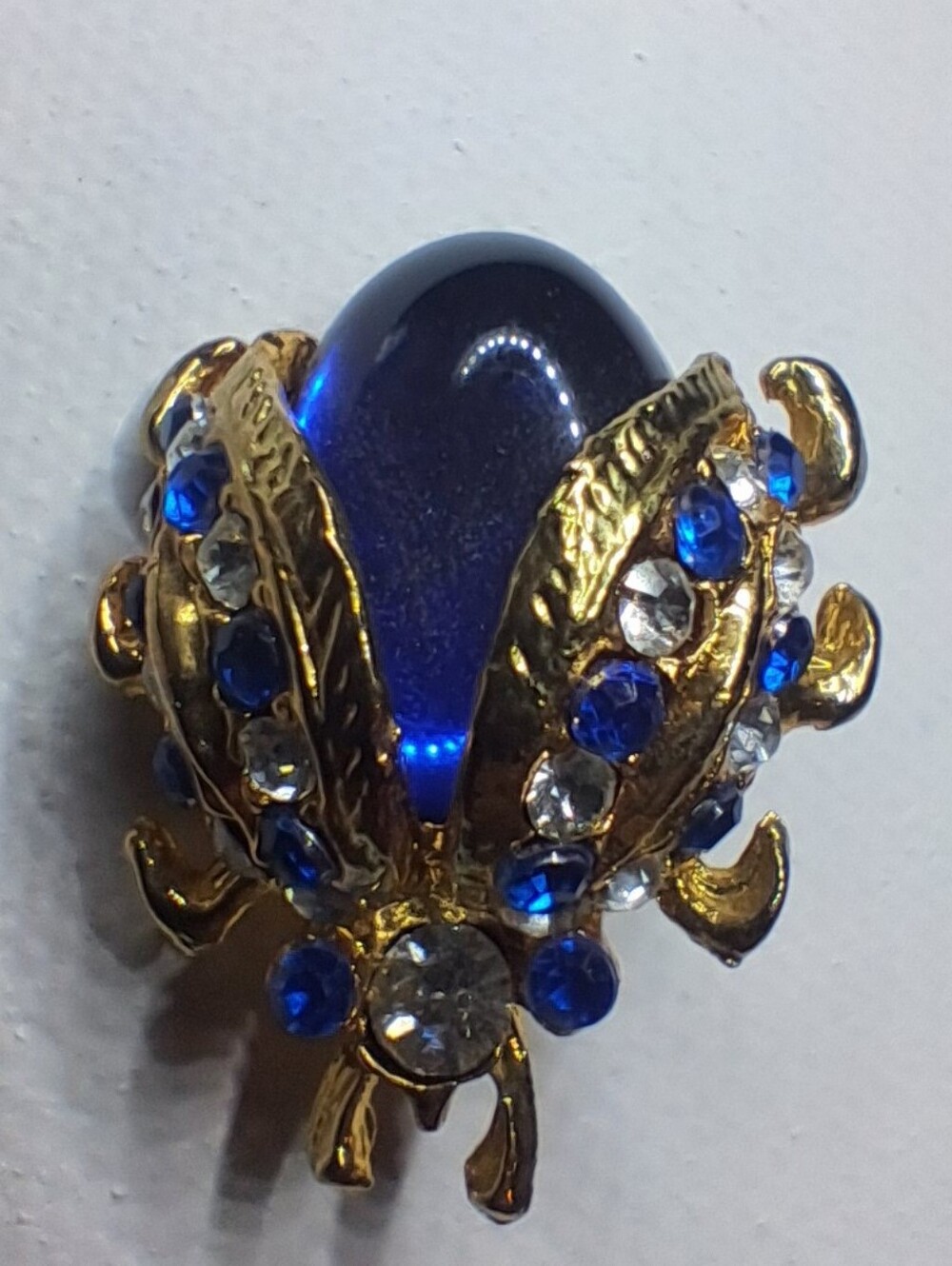 Vintage Royal Blue Jelly Belly Ladybug Brooch Gold Tone Rhinestone Pin